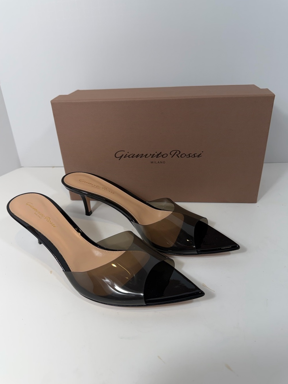 Gianvito Rossi Elle 55 Black Perspex Patent Leather Mule Heels Size 39